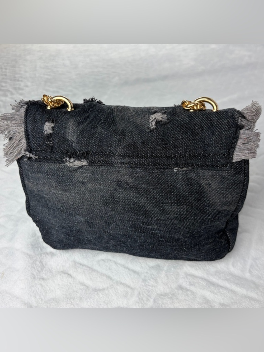 Distressed Y2K Boho inspired black Denim bag with pink 3D embroidered flower - Picture 5 of 10